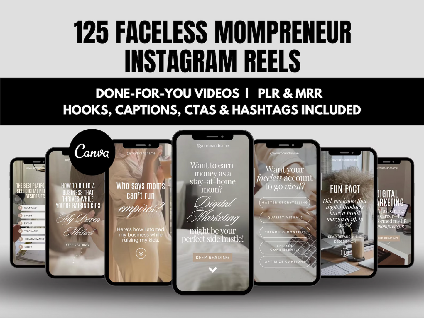 125 Faceless Mompreneur Instagram Reels Templates Bundle with PLR & MRR Rights